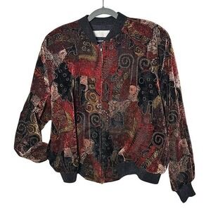 Velour Embroidered Pattern Bomber Jacket Vintage Full Zip Burgundy 90's Retro
